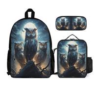 WECECE Book Pack Owl Set with Lunch Tote and Pencil Case for Boys 9-11 Years, Book Pack Bird Theme 3 Piece Set Year 2-4 for Primary Students Study Sessions and Travel