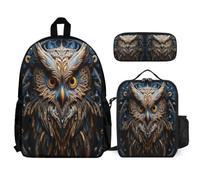 WECECE Book Pack Owl Set with Pencil Case and Lunch Bag for Kids Age 12, Bookbag Bird Theme 3 Piece Set Year 4-6 for Young Learners Sports Clubs and Holidays