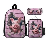 WECECE Book Pack Pig Set with Pencil Case and Lunch Bag for Kids Age 8, Bookbag Animal Piglet 3D with Lunch Box Pencil Case Year 1 for Boys Outdoor Learning and Travel
