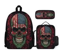 WECECE Book Pack Set American Flag Skeleton for Children Age 9 Year 4, Includes Lunch Box Skull and Pencil Case, Matching School Gear for Classes Family Day Trips and Sports