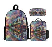WECECE Book Pack Set Train for Children Age 9 Year 4, Includes Lunch Box Railway Train and Pencil Case, Matching School Gear for Classes Family Day Trips and Sports