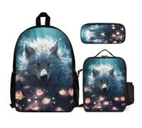 WECECE Book Pack Wolf 3pcs Set with Insulated Lunch Bag Animal Wolve & Pencil Case for Kids Age 9 Year 4, Matching School Essentials for Daily Activities and Travel