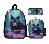 WECECE Book Pack Wolf Set with Lunch Tote and Pencil Case for Boys 9-11 Years, Book Pack Wolve Animal 3 Piece Set Year 2-4 for Primary Students Study Sessions and Travel