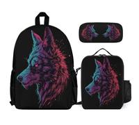 WECECE Book Pack Wolve with Lunch Box Pencil Case for Children Age 6, Bookbag Animal Wolf School Supplies Bundle Year 7 for Primary Students Study Sessions and Travel