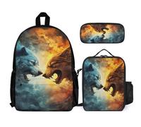 WECECE Book Pack Wolves Motif Set with Pencil Case and Lunch Bag for Kids Age 8, Bookbag Animal Wolf with Lunch Box Pencil Case Year 1 for Boys Outdoor Learning and Travel