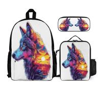 WECECE Book Pack Wolves Set with Pencil Case and Lunch Bag for Kids 7-9 Years, Backpack Animal Wolf 3 Piece Set Year 2-4 for Girls Daily Carry and Trips