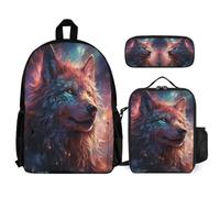 WECECE Book Pack Wolves with Lunch Box Pencil Case for Children Age 6, Bookbag Animal Wolf School Supplies Bundle Year 7 for Primary Students Study Sessions and Travel