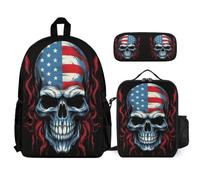 WECECE Bookbag American Flag Skeleton with Lunch Box Pencil Case for Boys 10-12 Years, Backpack Skull School Supplies Bundle Year 3 for Boys Outdoor Learning and Travel