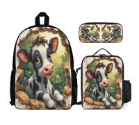 WECECE Bookbag Bull Set with Pencil Case and Lunch Bag for Boys Age 10, Bookbag Animal Cow Print with Lunch Tote and Pencil Case Year 4 for Young Learners Sports Clubs Holidays