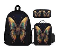 WECECE Bookbag Butterfly with Lunch Box Colourful Pencil Case for Kids 7-9 Years Year 2-3, Lightweight 3 Piece Student Carry Set for School Lessons Outdoor Activities and Travel
