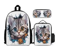 WECECE Bookbag Cat School Supplies Bundle with Lunch Bag Animal Kitten and Pencil Case for Teenagers Age 7 Year 13, Matching Carry Set for Learning