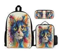 WECECE Bookbag Cat with Lunch Box Animal Kitten Pencil Case for Kids 7-9 Years Year 2-3, Lightweight 3 Piece Student Carry Set for School Lessons Outdoor Activities and Travel