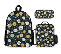 WECECE Bookbag Daisy Set with Lunch Tote Flower Pencil Case for Students 12-14 Years Year 7-8, Organiser Bundle for Secondary School Trips and Daily Study