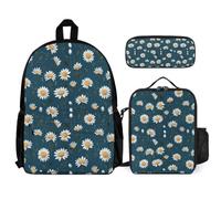 WECECE Bookbag Daisy with Lunch Box Flower Pencil Case for Kids 7-9 Years Year 2-3, Lightweight 3 Piece Student Carry Set for School Lessons Outdoor Activities and Travel