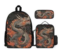 WECECE Bookbag Dragon with Lunch Bag and Pencil Case for Children Age 6, School Backpack with Pencil Case and Lunch Bag Year 3 for Girls Family Trips Activities