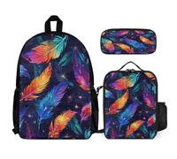 WECECE Bookbag Feather Print Set with Lunch Tote Colourful Pencil Case for Students 12-14 Years Year 7-8, Organiser Bundle for Secondary School Trips and Daily Study