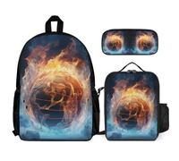 WECECE Bookbag Fire Basketball with Lunch Bag and Pencil Case for Children Age 6, School Backpack Basketball with Pencil Case and Lunch Bag Year 3 for Girls Family Trips Activities