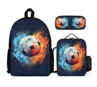 WECECE Bookbag Football 3 Piece Set for Kids Age 12, Backpack Soccer with Lunch Tote and Pencil Case Year 4-6 for Young Learners Outdoor Learning and Travel