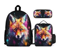 WECECE Bookbag Fox Motif Set with Lunch Tote Animal Print Pencil Case for Students 12-14 Years Year 7-8, Organiser Bundle for Secondary School Trips and Daily Study