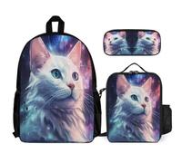 WECECE Bookbag Galaxy Cat 3 Piece Set for Kids Age 12, Backpack Kitten with Lunch Tote and Pencil Case Year 4-6 for Young Learners Outdoor Learning and Travel