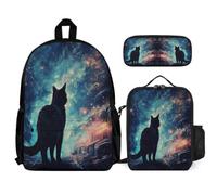 WECECE Bookbag Galaxy Cat School Supplies Bundle for Children Age 8, Schoolbag Kitten School Supplies Bundle Year 1-2 for Young Learners Daily Carry and Trips