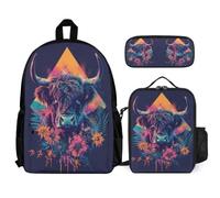 WECECE Bookbag Highland Cow with Lunch Bag and Pencil Case for Children Age 6, School Backpack Animal Bull Print with Pencil Case and Lunch Bag Year 3 for Girls Family Trips Activities