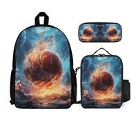 WECECE Bookbag Ice and Fire Basketball School Supplies Bundle for Kids 7-9 Years, Backpack Basketball with Lunch Box Pencil Case Year 1-2 for Young Learners Family Trips and Activities