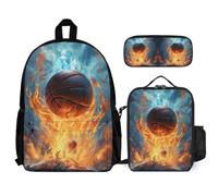 WECECE Bookbag Ice and Fire Basketball with Lunch Bag and Pencil Case for Children Age 6, School Backpack Basketball with Pencil Case and Lunch Bag Year 3 for Girls Family Trips Activities