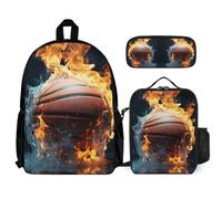 WECECE Bookbag Ice and Fire Basketball with Lunch Bag and Pencil Case for Kids 9-11 Years, Backpack Basketball with Pencil Case and Lunch Bag Year 6 for Boys Study Sessions Travel