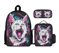 WECECE Bookbag Kitten 3 Piece Set for Kids Age 12, Backpack Animal Cat with Lunch Tote and Pencil Case Year 4-6 for Young Learners Outdoor Learning and Travel