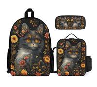 WECECE Bookbag Kitten Set with Lunch Tote Cat Pencil Case for Students 12-14 Years Year 7-8, Organiser Bundle for Secondary School Trips and Daily Study
