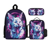 WECECE Bookbag Kitten with Lunch Box Animal Cat Pencil Case for Kids 7-9 Years Year 2-3, Lightweight 3 Piece Student Carry Set for School Lessons Outdoor Activities and Travel