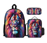 WECECE Bookbag Lion with Lunch Box Animal King Pencil Case for Kids 7-9 Years Year 2-3, Lightweight 3 Piece Student Carry Set for School Lessons Outdoor Activities and Travel