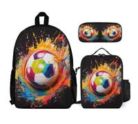 WECECE Bookbag Multicoloured Football with Lunch Tote Soccer 3D Pencil Case for Boys Girls 10-12 Years Year 5-6, Matching School Gear for Travel and Learning Sessions