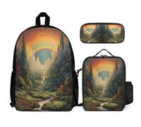 WECECE Bookbag Rainbow Set with Lunch Tote Colourful Landscape Pencil Case for Students 12-14 Years Year 7-8, Organiser Bundle for Secondary School Trips and Daily Study