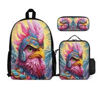 WECECE Bookbag Rooster 3 Piece Set for Kids Age 12, Backpack French Gallic Chicken with Lunch Tote and Pencil Case Year 4-6 for Young Learners Outdoor Learning and Travel