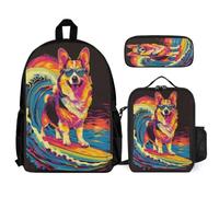 WECECE Bookbag Set Corgi with Lunch Bag Pencil Case Animal Puppy for Boys Girls 6-8 Years Year 1-2, Matching School Supplies Bundle for Trips Sports and Study