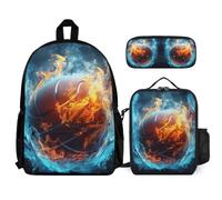 WECECE Bookbag Set Ice and Fire Basketball with Lunch Bag and Pencil Case Basketball for Students Age 10 Year 5, Everyday School Supplies Collection for Travel Sports Club and Study
