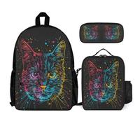 WECECE Bookbag Set Kitten with Lunch Bag Pencil Case Animal Cat for Boys Girls 6-8 Years Year 1-2, Matching School Supplies Bundle for Trips Sports and Study