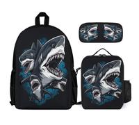 WECECE Bookbag Shark 3 Piece Set for Kids Age 12, Backpack Sea Life with Lunch Tote and Pencil Case Year 4-6 for Young Learners Outdoor Learning and Travel