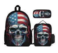 WECECE Bookbag Skeleton American Flag with Lunch Bag and Pencil Case for Children Age 6, School Backpack Skull with Pencil Case and Lunch Bag Year 3 for Girls Family Trips Activities
