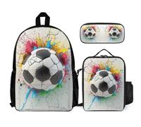 WECECE Bookbag Soccer Ball Set with Pencil Case and Lunch Bag for Children 7-9 Years, School Backpack Football 3 Piece Set Year 3-5 for Girls Daily Carry and Trips