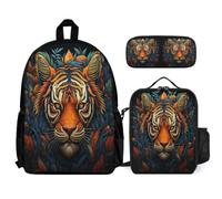 WECECE Bookbag Tiger 3 Piece Set for Kids Age 12, Backpack Animal Theme with Lunch Tote and Pencil Case Year 4-6 for Young Learners Outdoor Learning and Travel