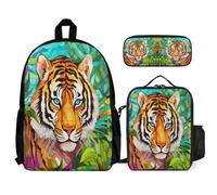 WECECE Bookbag Tiger with Lunch Box Animal Pattern Pencil Case for Kids 7-9 Years Year 2-3, Lightweight 3 Piece Student Carry Set for School Lessons Outdoor Activities and Travel