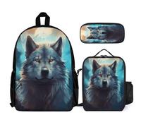 WECECE Bookbag Wolf School Supplies Bundle with Lunch Bag Animal Wolves and Pencil Case for Teenagers Age 7 Year 13, Matching Carry Set for Learning