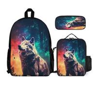 WECECE Bookbag Wolf Set with Lunch Tote Animal Wolve Pencil Case for Students 12-14 Years Year 7-8, Organiser Bundle for Secondary School Trips and Daily Study