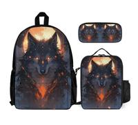 WECECE Bookbag Wolf Set with Pencil Case and Lunch Bag for Boys Age 10, Bookbag Animal Wolve with Lunch Tote and Pencil Case Year 4 for Young Learners Sports Clubs Holidays