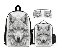 WECECE Bookbag Wolf with Lunch Tote Animal Wolve Pencil Case for Boys Girls 10-12 Years Year 5-6, Matching School Gear for Travel and Learning Sessions
