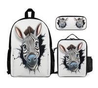 WECECE Bookbag Zebra 3 Piece Set for Kids Age 12, Backpack 3D Animal Zebra with Lunch Tote and Pencil Case Year 4-6 for Young Learners Outdoor Learning and Travel