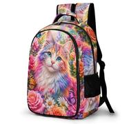 WECECE Boys Kitten Flowers School Bag for Secondary Years Girls Animal Cat School Backpack Ages 8-14 Kids Rucksack Cool Durable for Outdoor Travel and Spring Trip